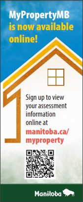 Graphic image with a blue sky and icon of a house with text: My Property MB is now available online. Sign up to view your assessment information online.