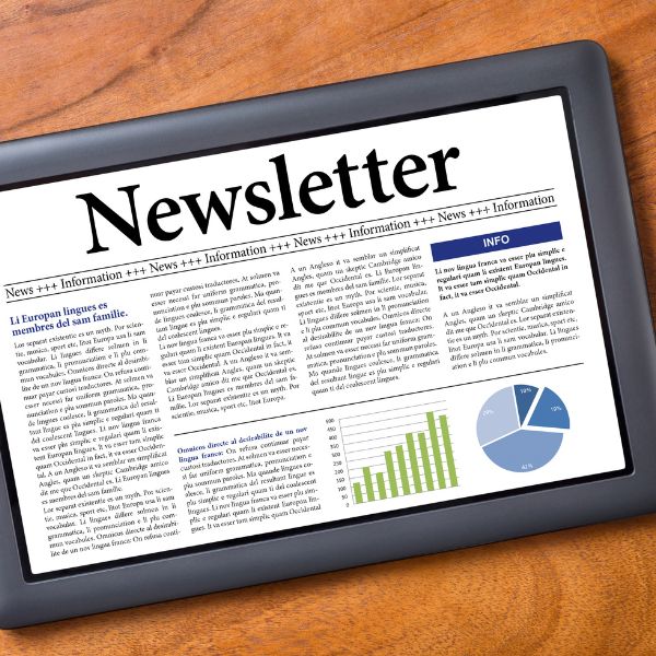 Image of a tablet displaying a mock newsletter depicting the Rural Municipality of Reynolds' monthly newsletter.