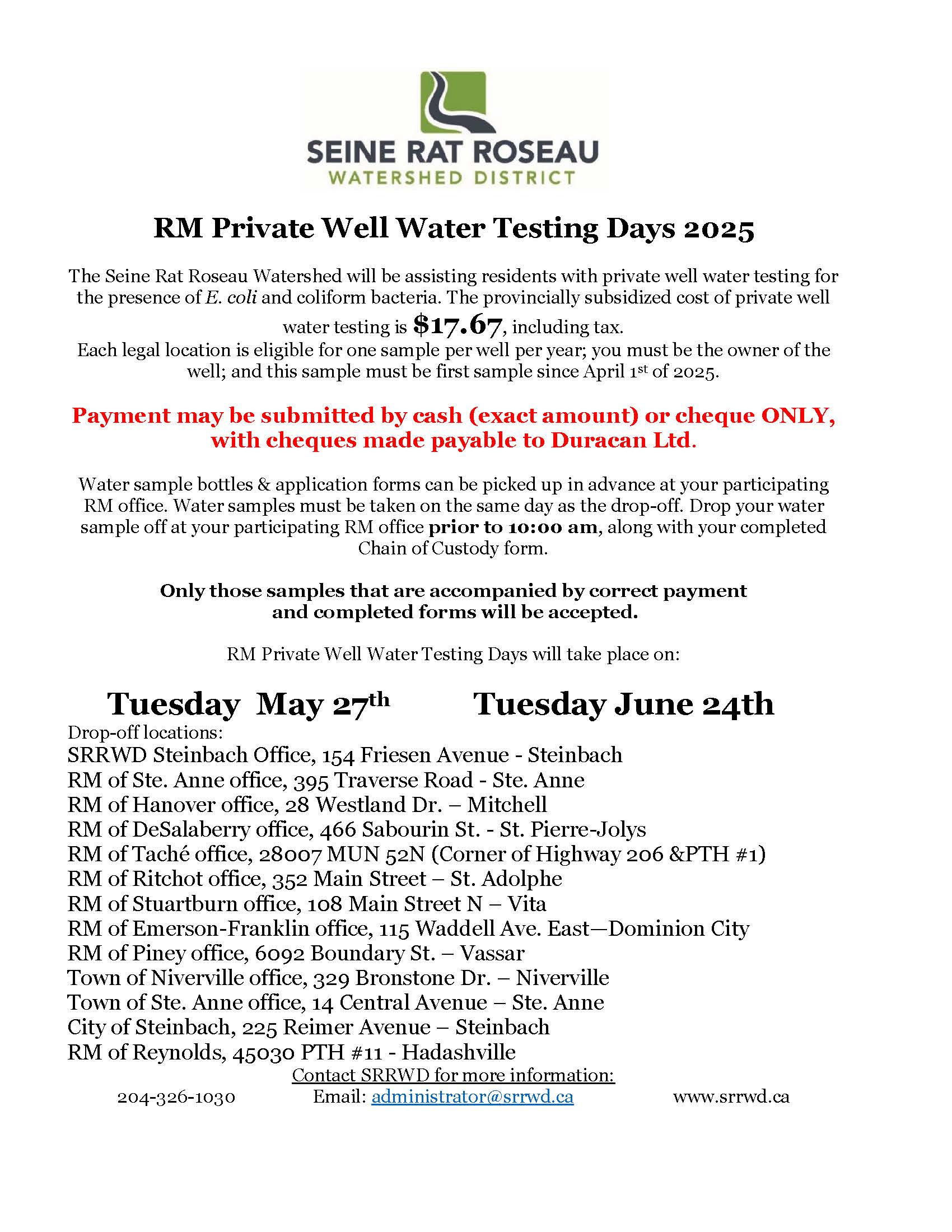 1bc2080d477f8039a619637cf66dda6c9b6b2017 Image file of the Seine Rat Roseau Watershed District private well water testing days for 2025.