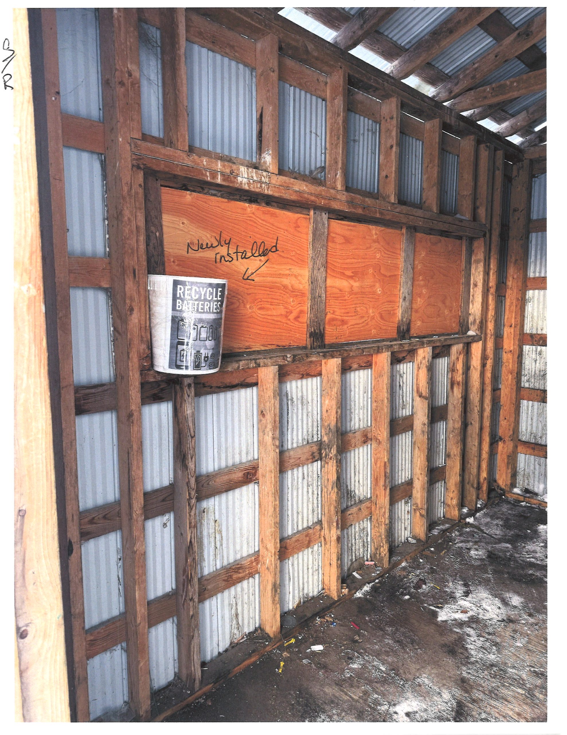 Image of the newly installed battery collection pails located at all Rural Municipality of Reynolds recycling sheds.