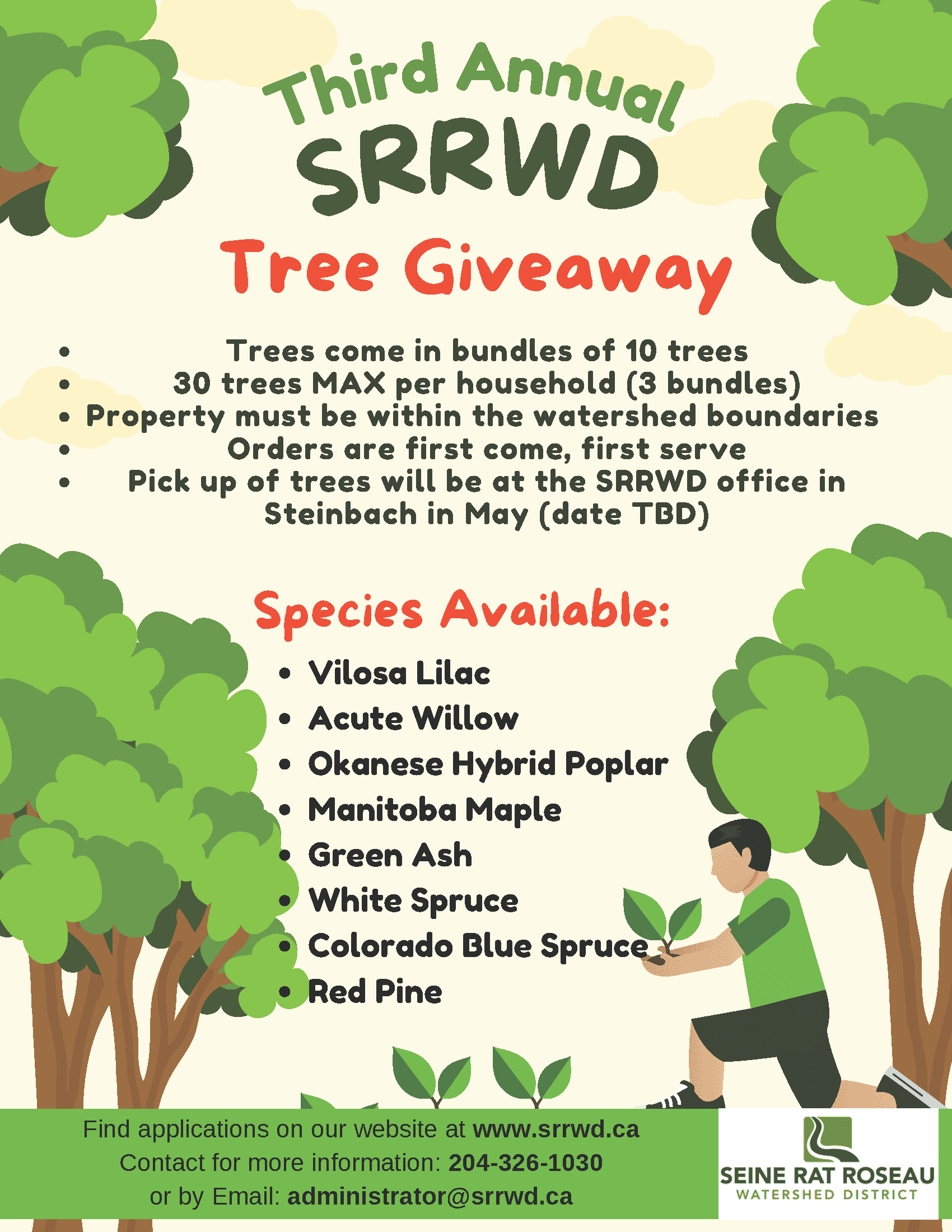 859674ba15ee0961c67fdf9784c97bdbe82beb2d Infographic poster for the Third Annual SRRWD Tree Giveaway explaining details of the program and the available trees.